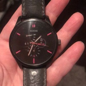 Guess watch gunmetal and pink leather band